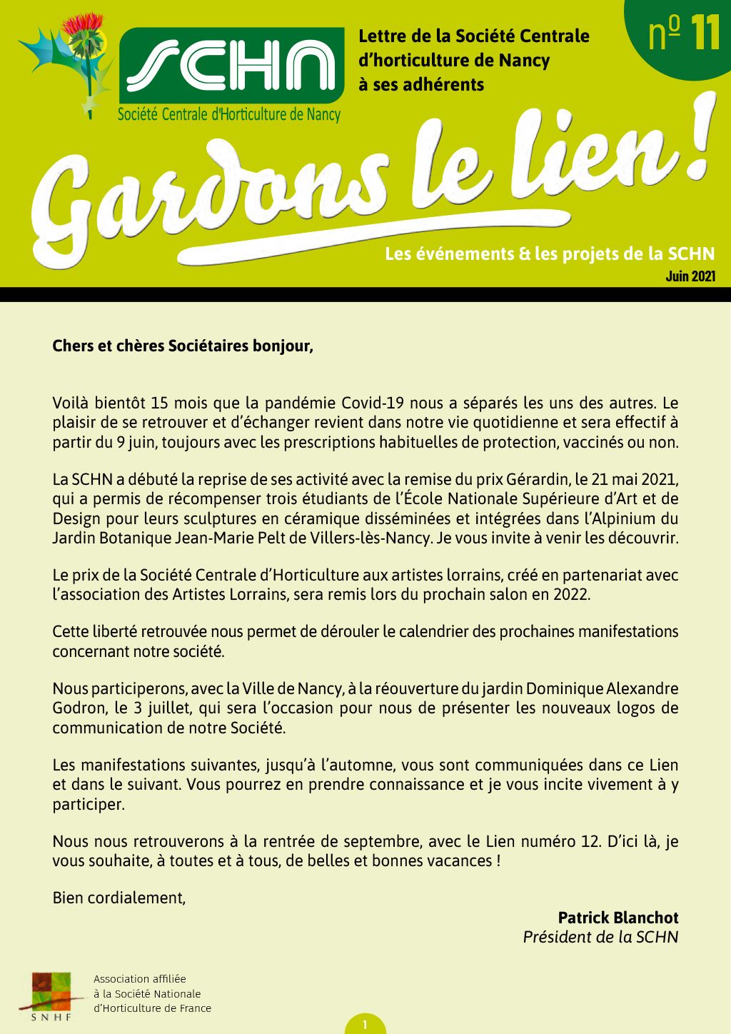 SCHN - Gardons le lien, la Lettre aux adhérents - n° 11