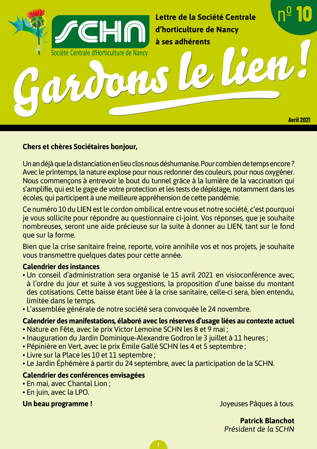 SCHN - Gardons le lien, la Lettre aux adhérents - n° 10